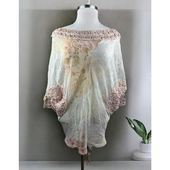Emamo Silk Floral Sheer Tunic Blouse M Coquette Cottage Romantic Peasant Boho - Picture 2 of 16